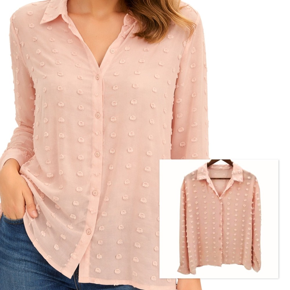 Swiss Dot Chiffon Button Up Blouse Sheer Textured Work Office Pink M